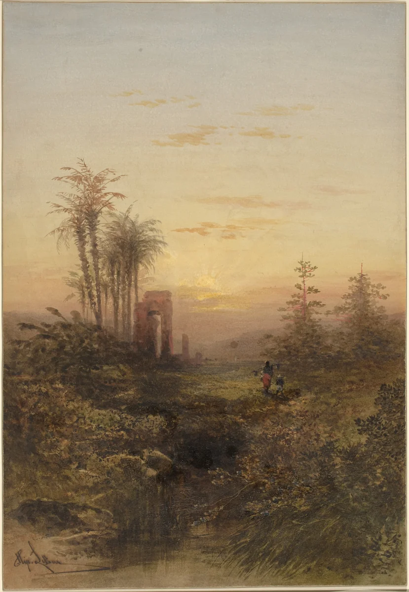 Sunset in an Oriental Landscape by Gabriel Hippolyte Lebas, drawing, 1812-1889