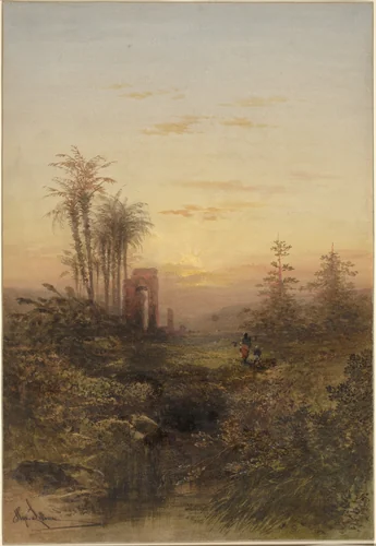 Sunset in an Oriental Landscape by Gabriel Hippolyte Lebas, drawing, 1812-1889