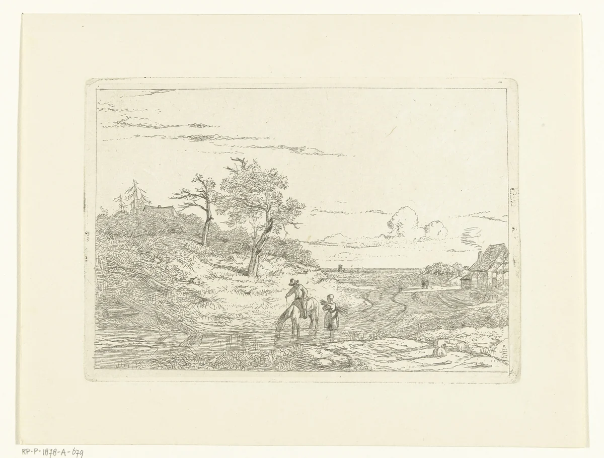 Landschap met ruiter die paard laat drinken en meisje met takkebos by Albertus Brondgeest, print, 1796-1849