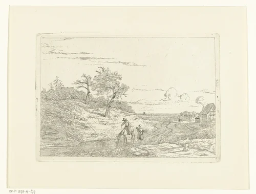 Landschap met ruiter die paard laat drinken en meisje met takkebos by Albertus Brondgeest, print, 1796-1849
