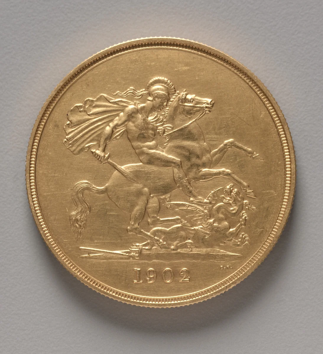 Five Pound Piece: St. George and the Dragon (reverse) by Benedetto Pistrucci, metalwork, 1902