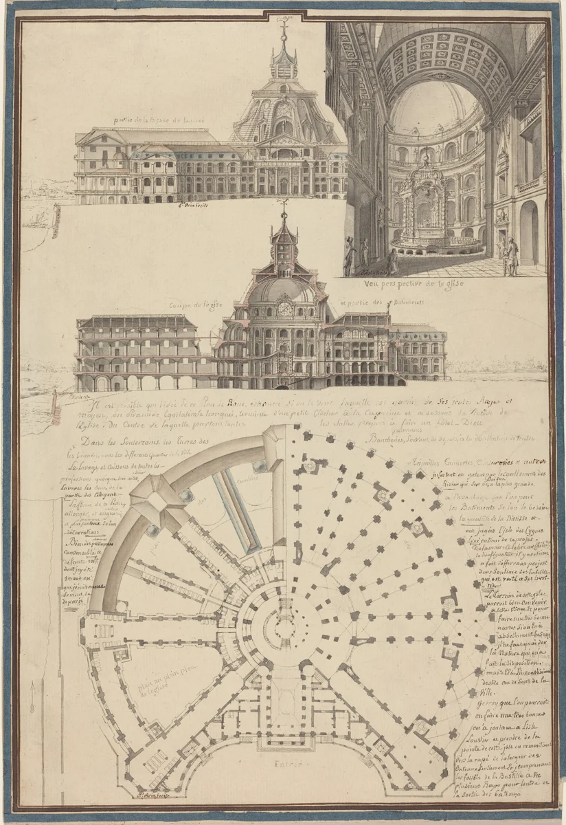 Plan and Three Views of a Circular Church by Pierre Varin, drawing, 1750