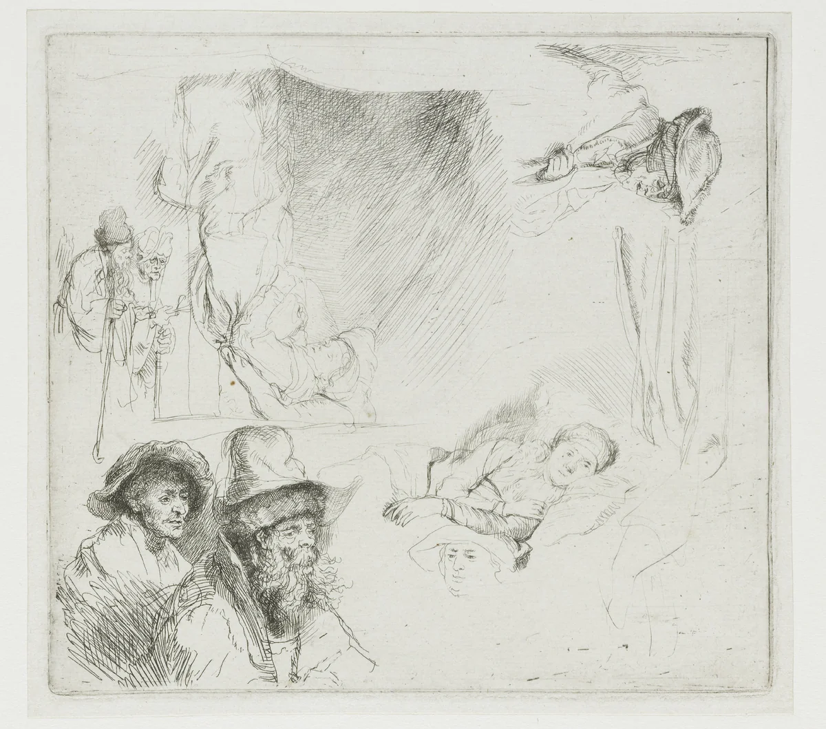 Sheet of Studies, with a Woman Lying Ill in Bed by Rembrandt van Rijn, print, 1639