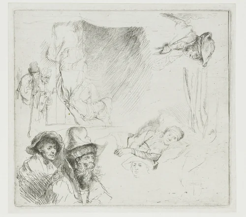 Sheet of Studies, with a Woman Lying Ill in Bed by Rembrandt van Rijn, print, 1639