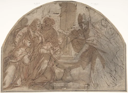 Scene of a Baptism of a Woman by a Bishop with Onlookers by anonymous, drawing, 1600-1700