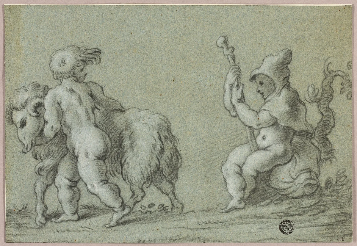 Putti as Goatherds by Unknown Artist, drawing, 1700-1799
