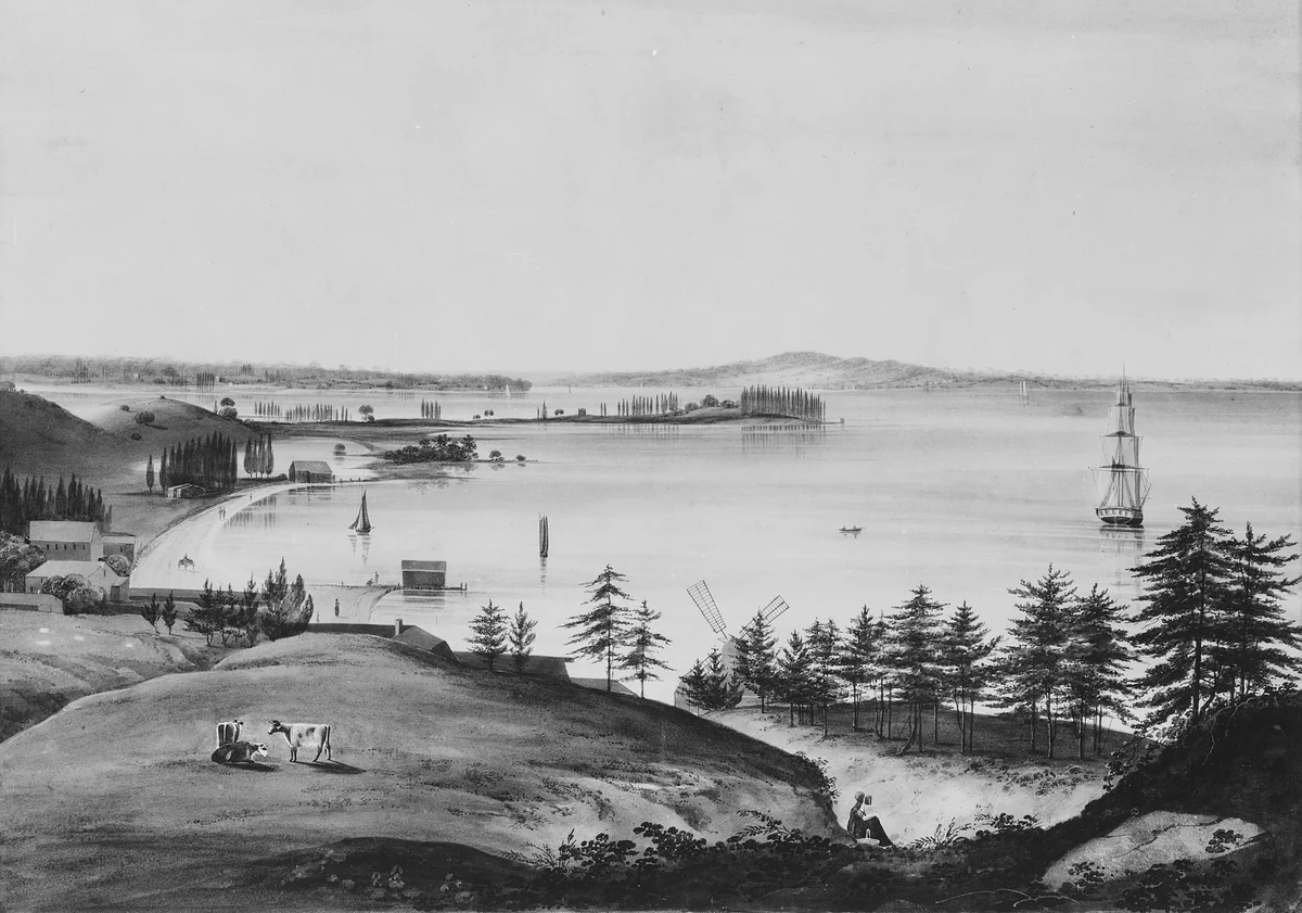 The Bay of New York Looking to the Narrows and Staten Island, Taken from Brooklyn Heights by William Guy Wall, artwork, 1820-1825