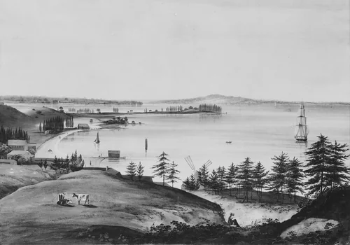 The Bay of New York Looking to the Narrows and Staten Island, Taken from Brooklyn Heights by William Guy Wall, artwork, 1820-1825