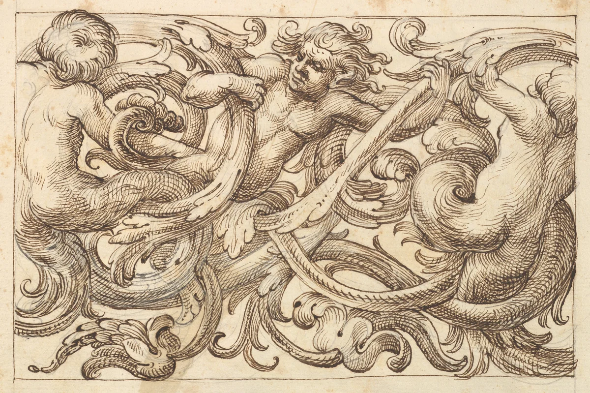 Horizontal Panel Design with Three Male Figures Interspersed between Acanthus Rinceaux by anonymous, drawing, 1600-1650