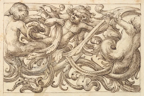 Horizontal Panel Design with Three Male Figures Interspersed between Acanthus Rinceaux by anonymous, drawing, 1600-1650