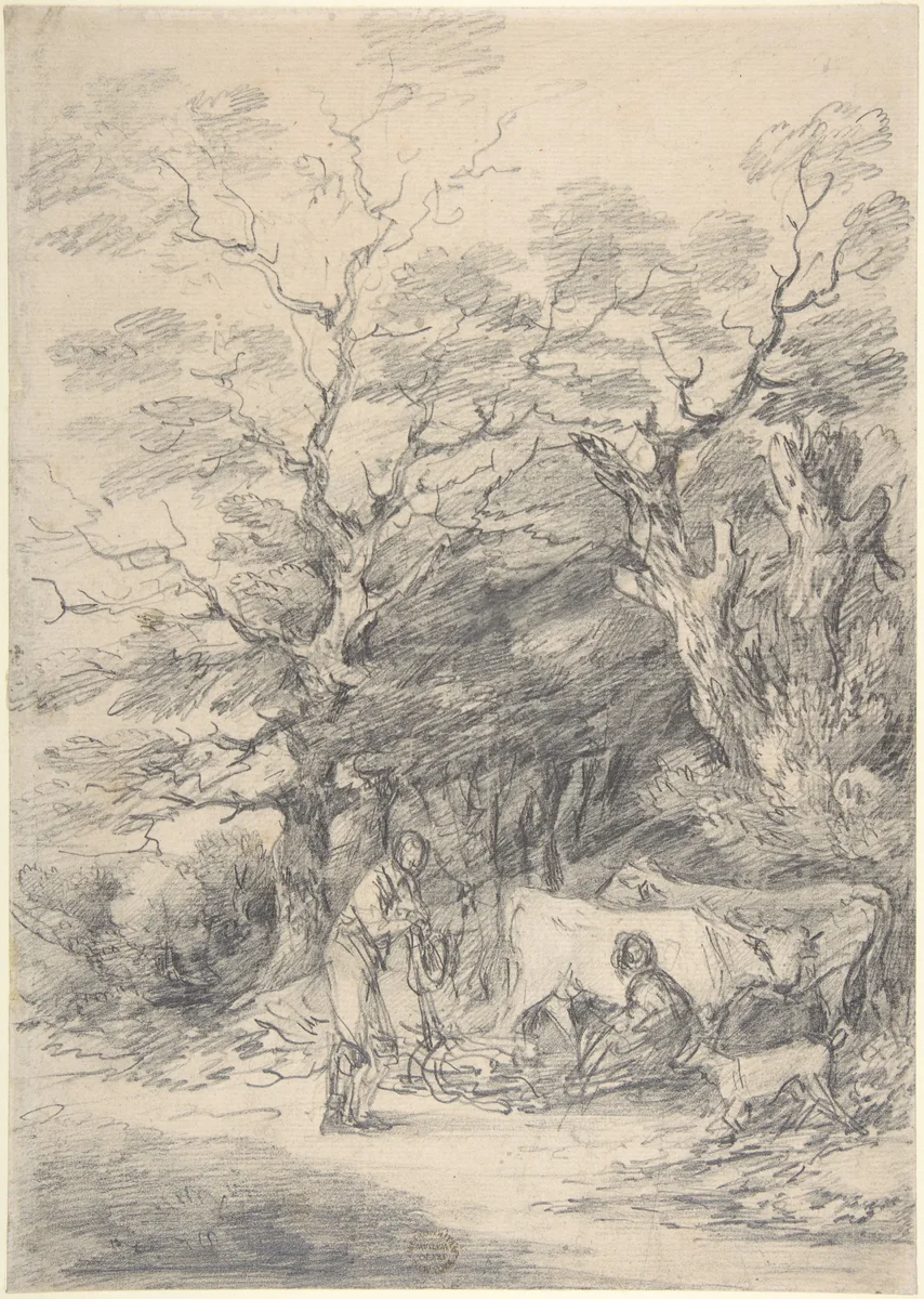 Landscape with cattle and figures; sketch for the Rustic Courtship by Gainsborough Dupont, drawing, 1755-1797