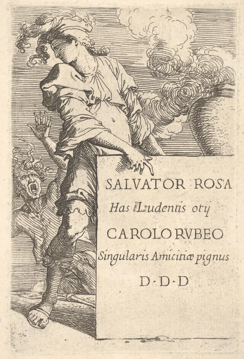 A man wearing a plumed hat pointing at an inscribed block while looking over his right shoulder at a screaming man, frontispiece for "Figurine" by Salvator Rosa, print, 1651-1661