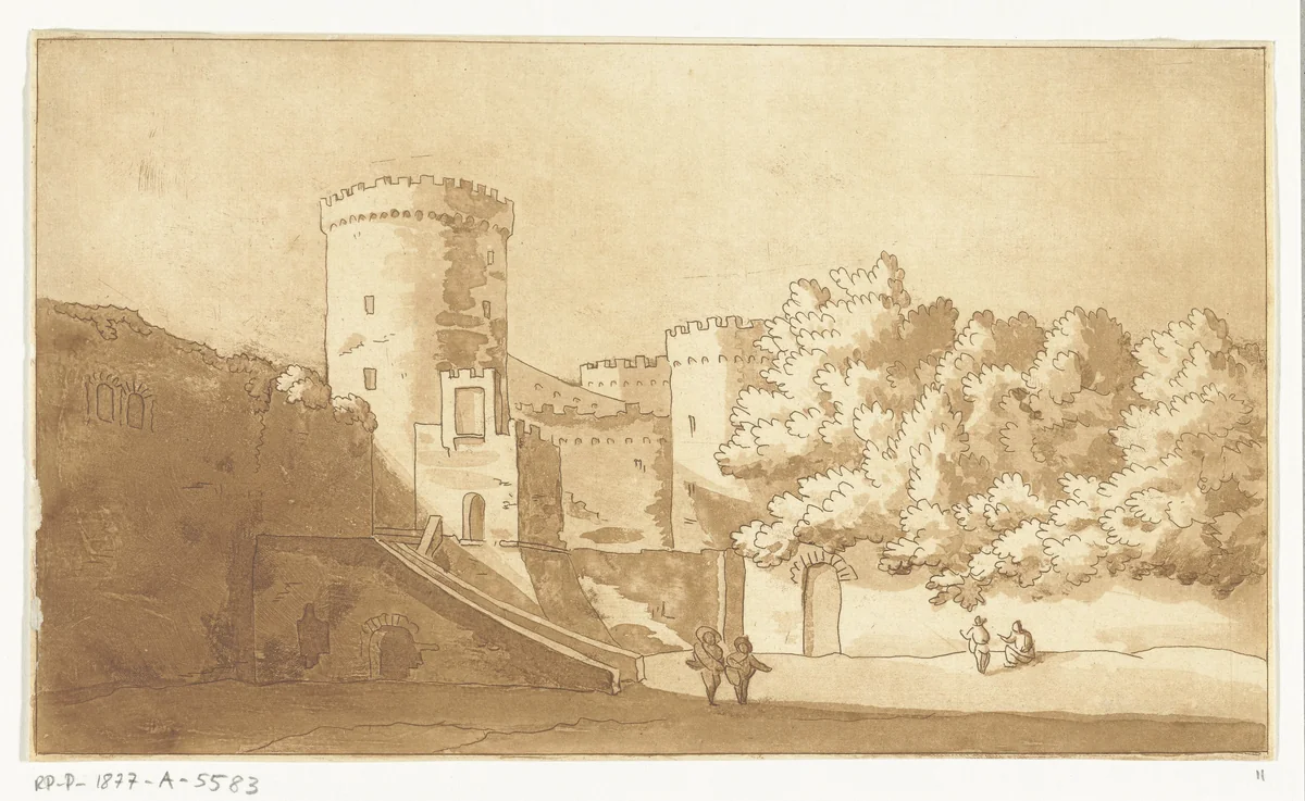 Muur van een burcht met torens by Anthonie van den Bos, print, 1778-1838