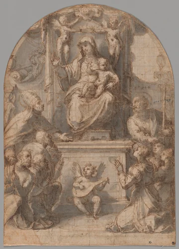 The Virgin Enthroned with Saints Gregory and James, and a Family of Donors by Perino del Vaga, drawing, 1535-1536