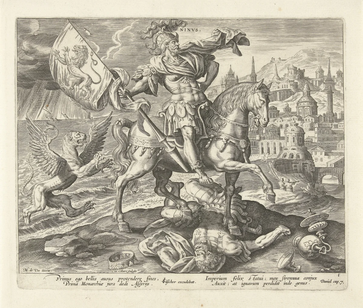Ninus van Nineve als eerste koning uit het visioen van Daniël by Unknown, print, 1570-1618