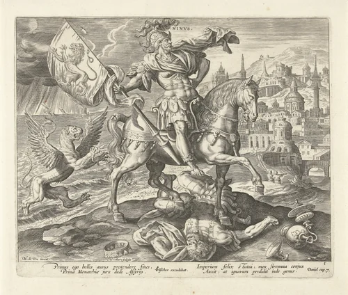 Ninus van Nineve als eerste koning uit het visioen van Daniël by Unknown, print, 1570-1618