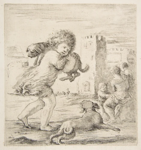 Child Carrying a Puppy on his Shoulder by Stefano della Bella, print, 1657-1667