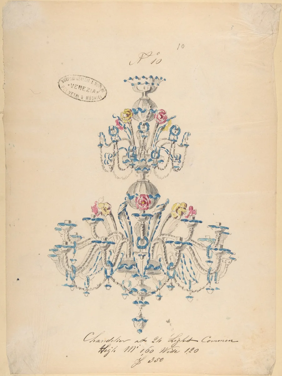 One of Twenty-Three Sheets of Drawings of Glassware (Mirrors, Chandeliers, Goblets, etc.) by Compagnia di Venezia e Murano, drawing, 1850-1880