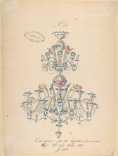 One of Twenty-Three Sheets of Drawings of Glassware (Mirrors, Chandeliers, Goblets, etc.) by Compagnia di Venezia e Murano, drawing, 1850-1880