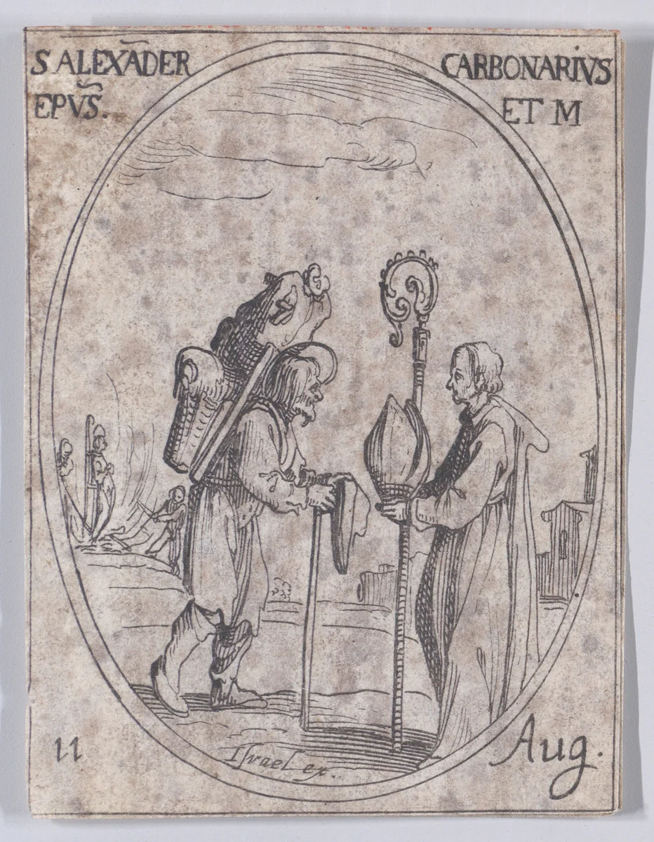 S. Alexandre le Charbonnier, évêque (St. Alexander of Comana, Bishop), August 11th, from "Les Images De Tous Les Saincts et Saintes de L'Année" (Images of All of the Saints and Religious Events of the Year) by Jacques Callot, print, 1636