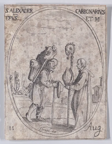 S. Alexandre le Charbonnier, évêque (St. Alexander of Comana, Bishop), August 11th, from "Les Images De Tous Les Saincts et Saintes de L'Année" (Images of All of the Saints and Religious Events of the Year) by Jacques Callot, print, 1636