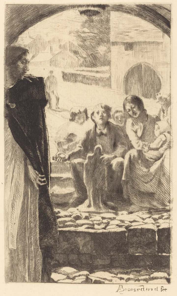 Pierre Copies the Virgin from the Portal of the Church of Marly (Pierre Copie la Vierge du Portail de L'Église de Marly) by Albert Besnard, print, 1885