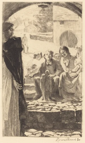 Pierre Copies the Virgin from the Portal of the Church of Marly (Pierre Copie la Vierge du Portail de L'Église de Marly) by Albert Besnard, print, 1885