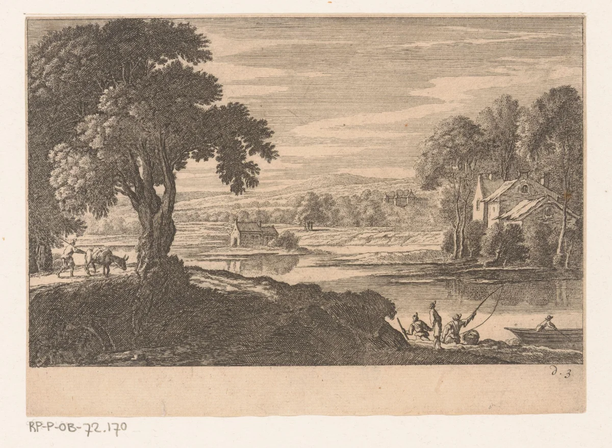 Rivierlandschap met vissende mannen by Nicolas Perelle, print, 1628-1679