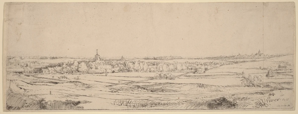 Landscape with a View Toward Haarlem (The Goldweigher's Field) by Rembrandt van Rijn, print, 1651
