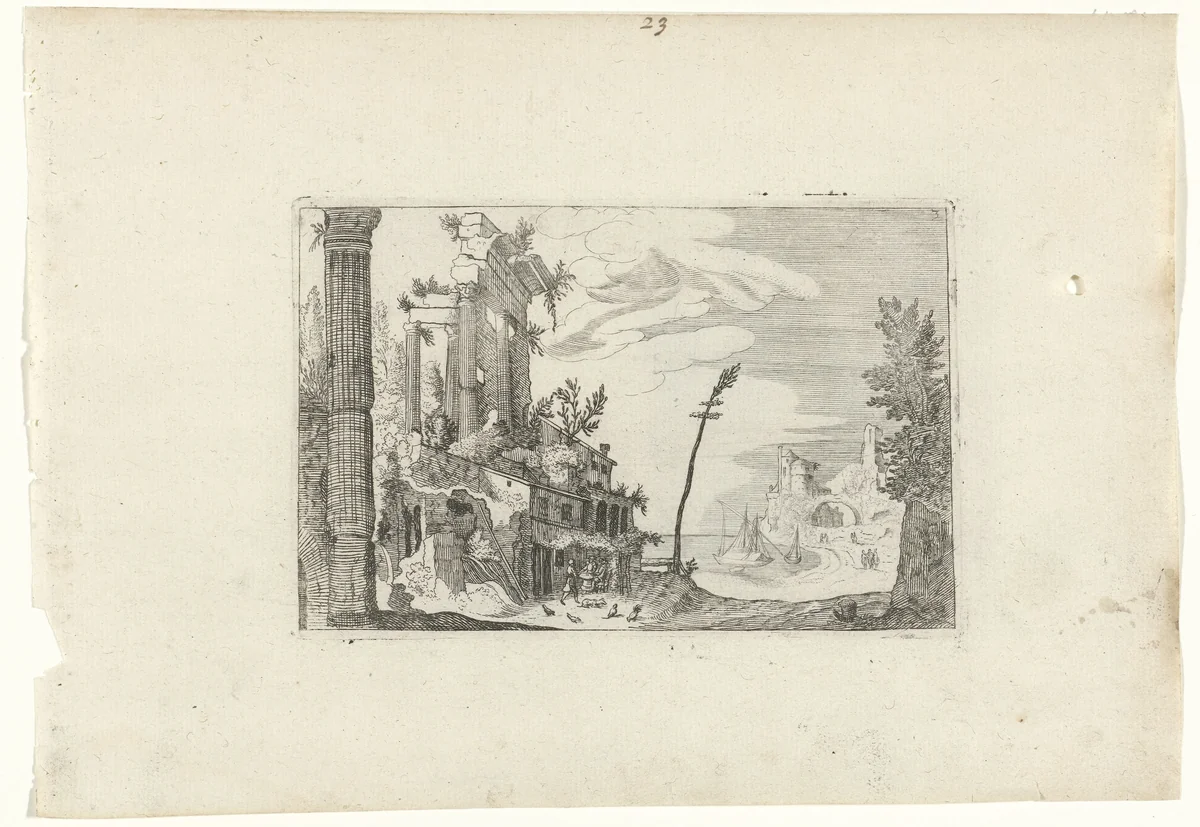 Romeinse ruïnes bij de zee by anonymous, print, 1594-1685
