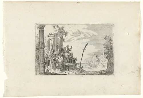 Romeinse ruïnes bij de zee by anonymous, print, 1594-1685