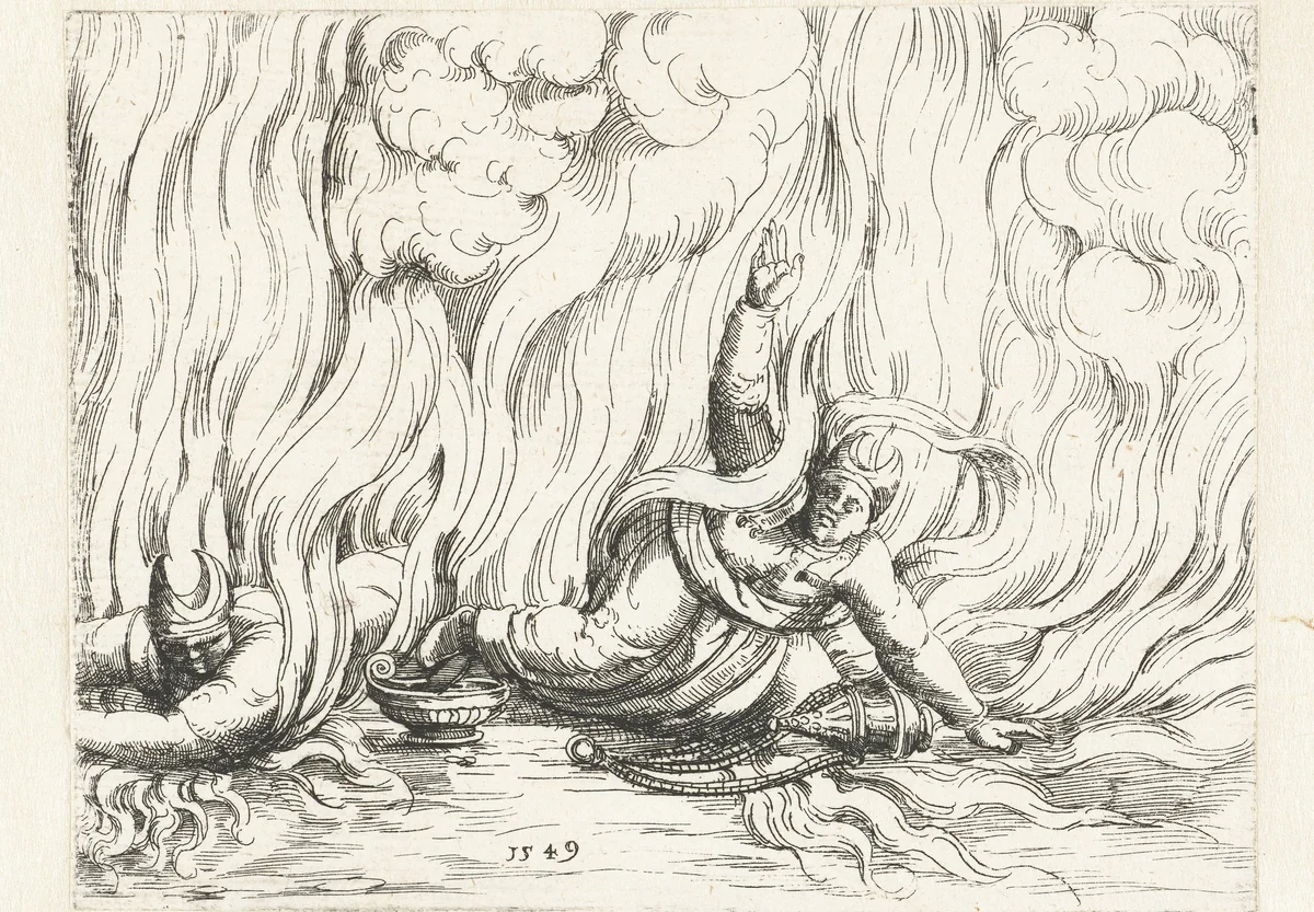 Nadab en Abiha sterven door vuur na hun verkeerde brandoffer by Augustin Hirschvogel, print, 1549