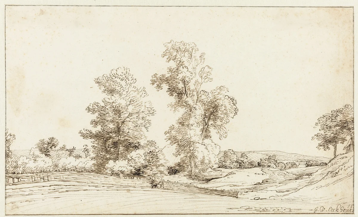 Undulating Landscape with Two Tall Trees by Gerbrand van den Eeckhout, drawing, 1662-1668