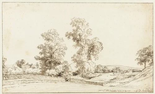 Undulating Landscape with Two Tall Trees by Gerbrand van den Eeckhout, drawing, 1662-1668