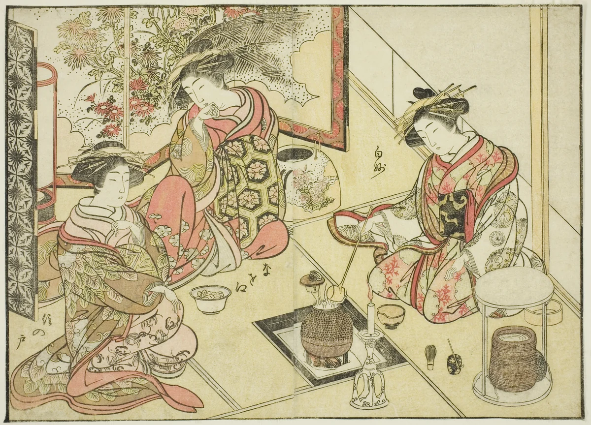 Courtesans of the Okaneya, from the book "Mirror of Beautiful Women of the Pleasure Quarters (Seiro bijin awase sugata kagami)," vol. 2 by Katsukawa Shunsho (勝川 春章), print, 1776