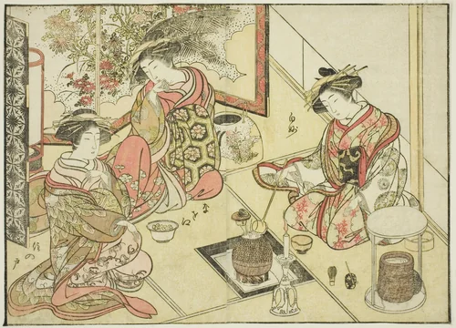 Courtesans of the Okaneya, from the book "Mirror of Beautiful Women of the Pleasure Quarters (Seiro bijin awase sugata kagami)," vol. 2 by Katsukawa Shunsho (勝川 春章), print, 1776