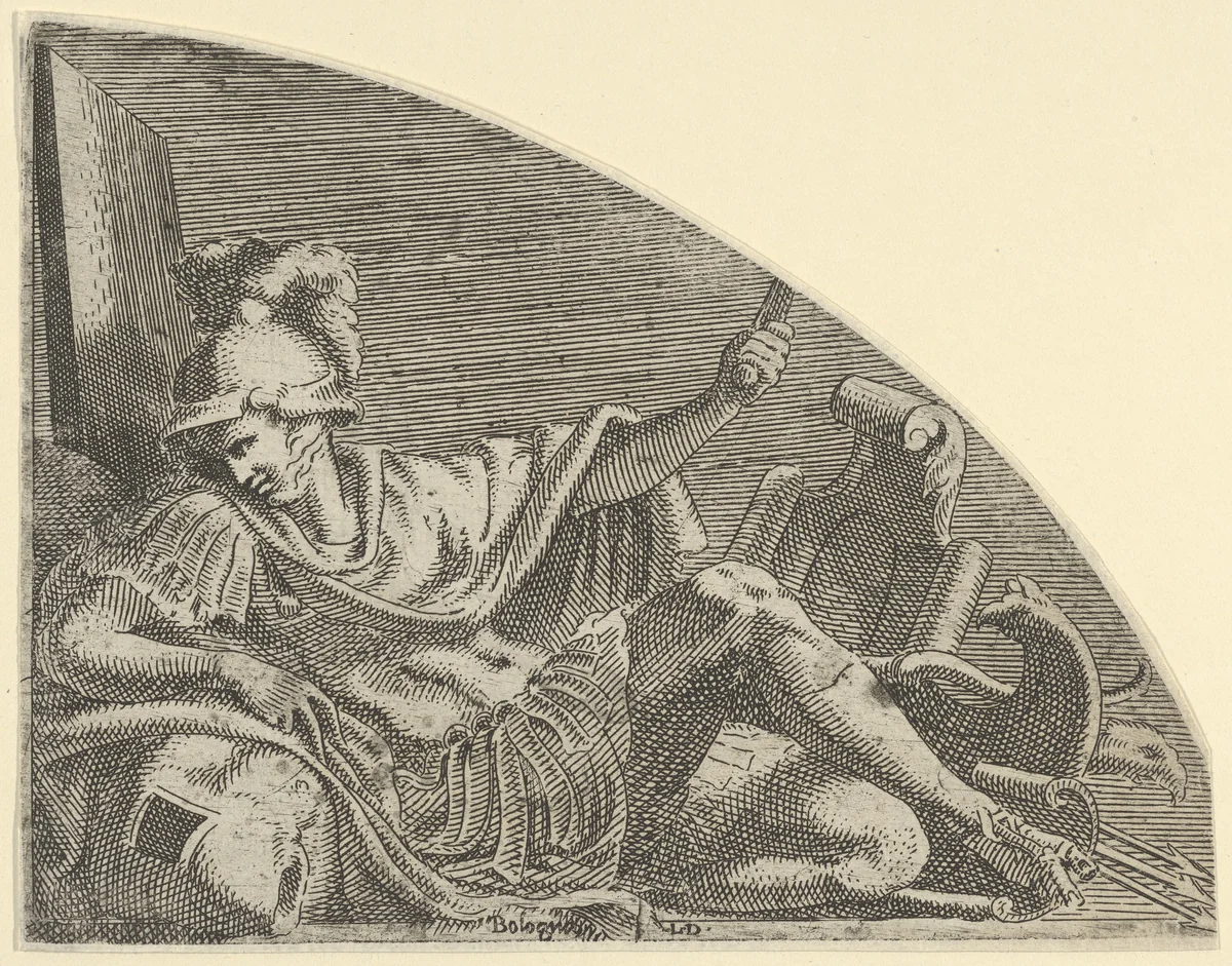 Mars seated on his Trophies by Léon Davent, print, 1537-1550