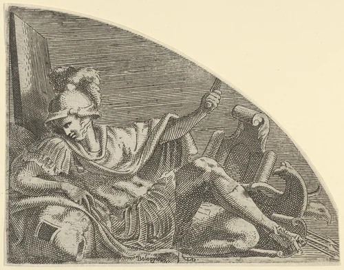 Mars seated on his Trophies by Léon Davent, print, 1537-1550
