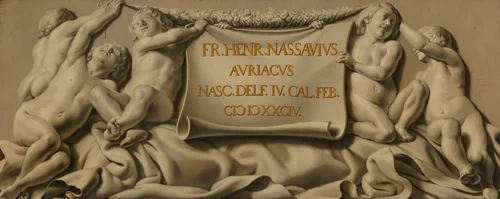 Putti Bearing a Cartouche with Stadholder Frederik Hendrik's Date of Birth by Salomon de Bray, painting, 1651