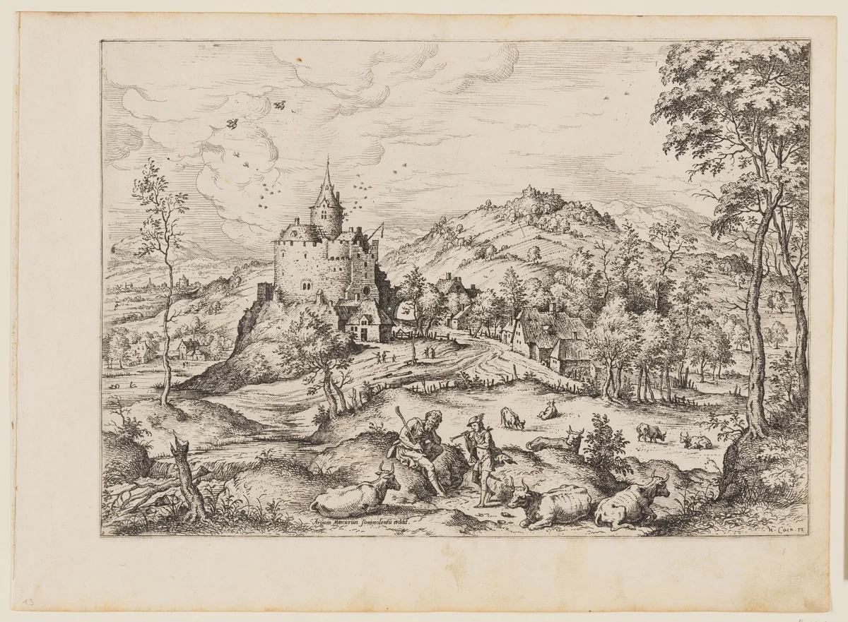 Mercury Lulling to Sleep Argus, from Landscapes with Biblical and Mythological Scenes by Hieronymus Cock, print, 1558