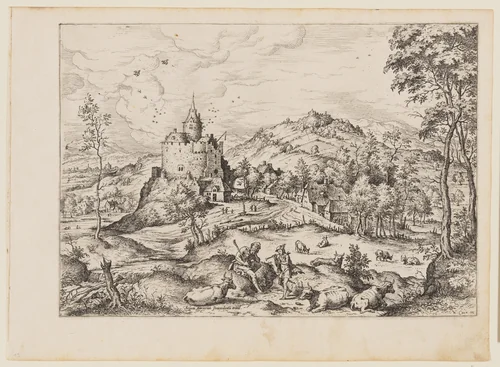 Mercury Lulling to Sleep Argus, from Landscapes with Biblical and Mythological Scenes by Hieronymus Cock, print, 1558