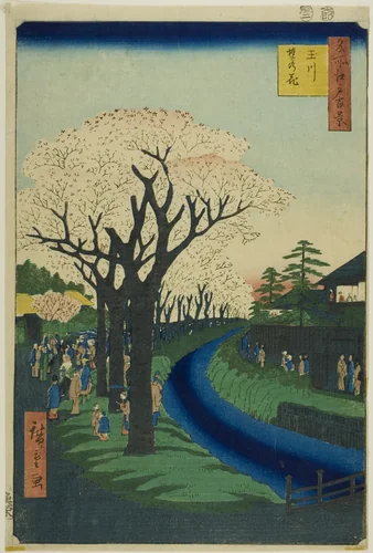 Blossoms on the Tama River Embankment (Tamagawa-zutsumi no hana), from the series "One Hundred Famous Views of Edo (Meisho Edo hyakkei)" by Utagawa Hiroshige (歌川広重), print, 1856