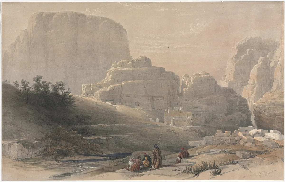 Petra, Lower End of the Valley, Viewing the Acropolis by David Roberts, print, 1839