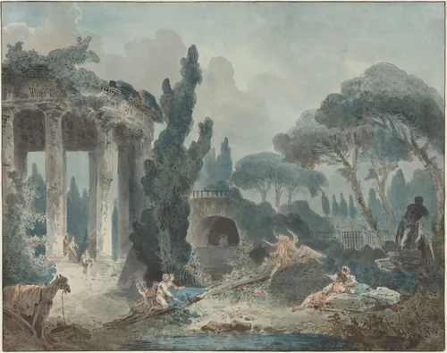 The Seesaw by Anonymous Artist; Hubert Robert, drawing, 1733-1808