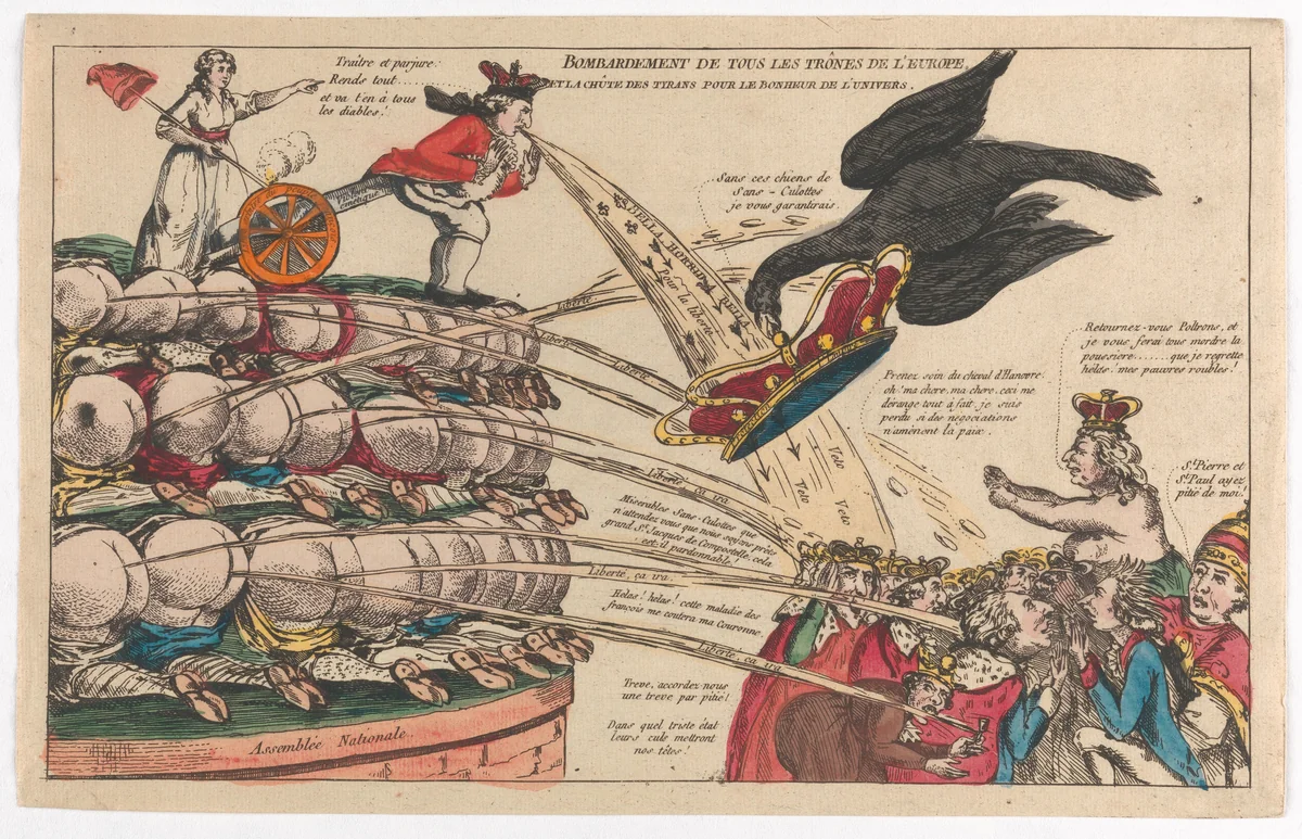 The Bombardment of All the Thrones of Europe and the Fall of the Tyrants for the Happiness of the Universe (Bombardement de Tous les Trônes de l'Europe et la Chûte des Tyrans pour la Bonheur de l'Univers) by anonymous, print, 1787-1797