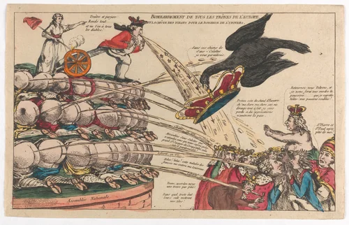 The Bombardment of All the Thrones of Europe and the Fall of the Tyrants for the Happiness of the Universe (Bombardement de Tous les Trônes de l'Europe et la Chûte des Tyrans pour la Bonheur de l'Univers) by anonymous, print, 1787-1797