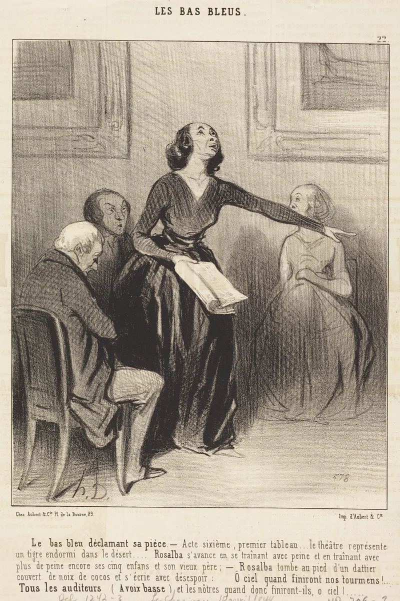 Le Bas-bleu déclamant sa pièce by Honoré Daumier, print, 1844
