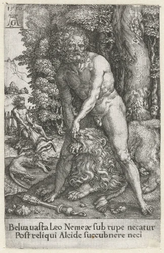 Hercules in gevecht met de Nemeïsche leeuw by Unknown, print, 1550