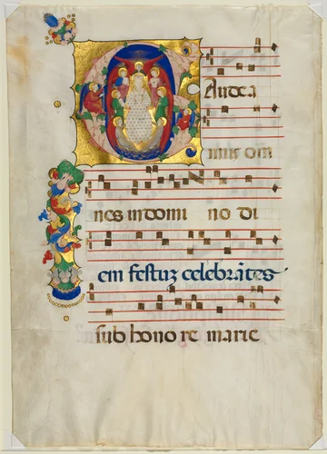 Leaf from a Gradual with Historiated Initial (G): Mary as Queen of Heaven by Unknown, manuscript, 1425-1450