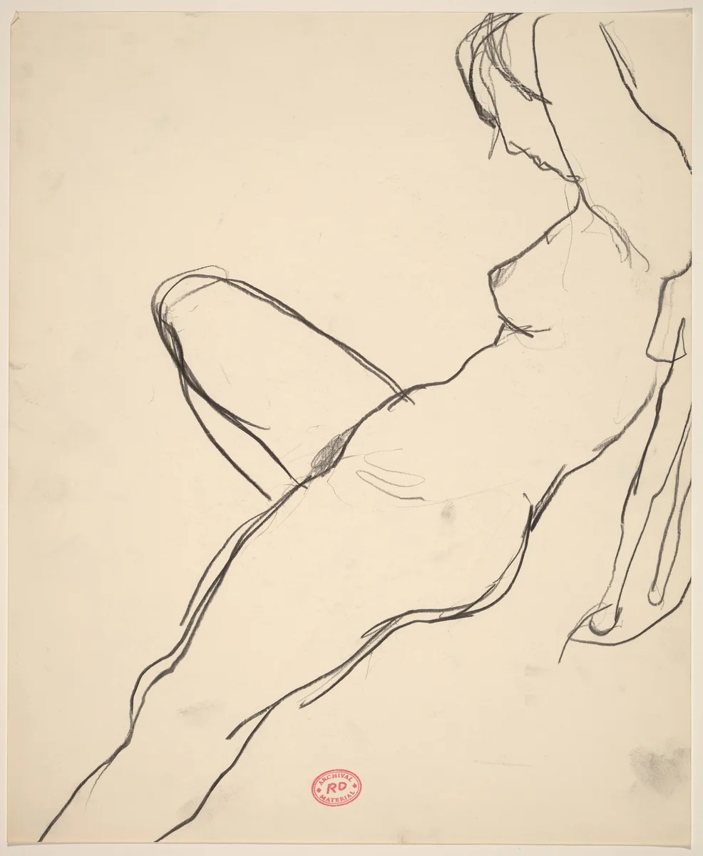Untitled [side view of a female nude stretching back in a chair] [recto] by Richard Diebenkorn, drawing, 1955-1967